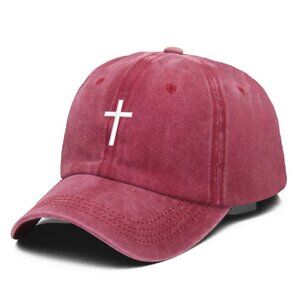 Red Cross Embroidered Christian Baseball Cap, Washed, Adjustable Hat, Jesus, God